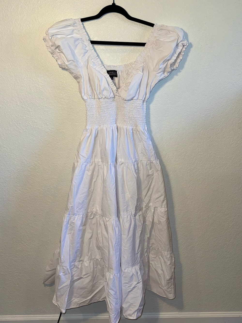 Danielle Bernstein White Tiered Poplin Smocked Bodice Puff Sleeve Midi Dress L - Picture 3 of 13